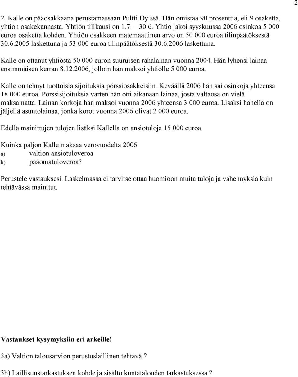 Kalle on ottanut yhtiöstä 50 000 euron suuruisen rahalainan vuonna 2004. Hän lyhensi lainaa ensimmäisen kerran 8.12.2006, jolloin hän maksoi yhtiölle 5 000 euroa.