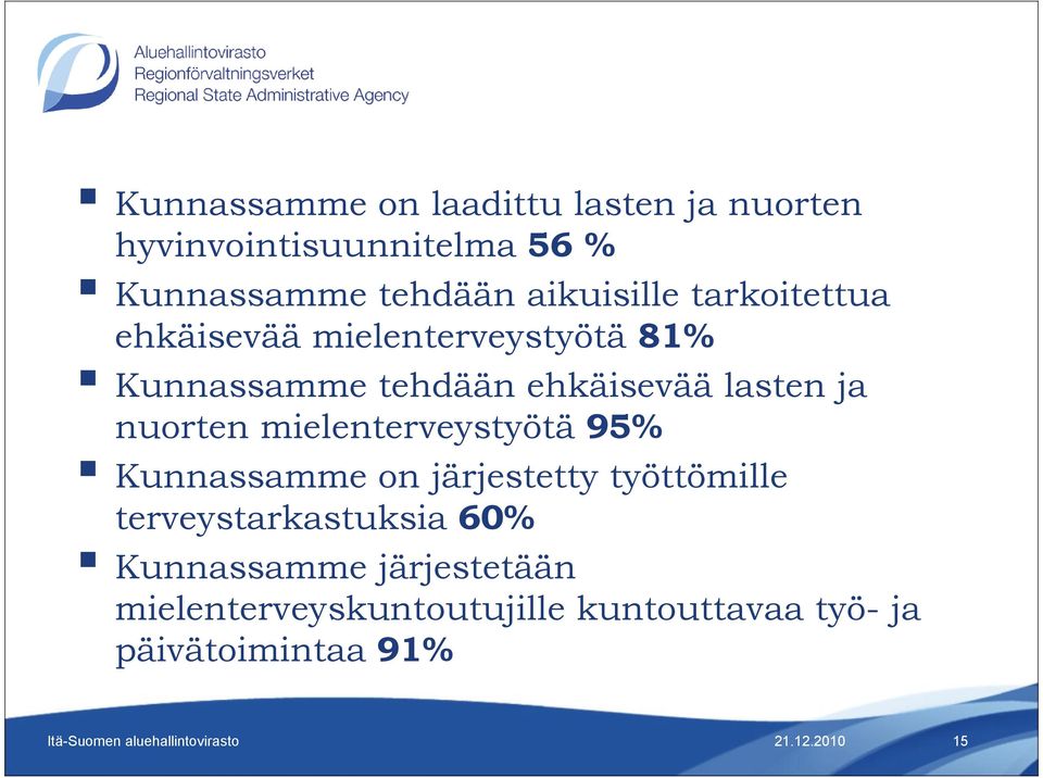 lasten ja nuorten mielenterveystyötä 95% Kunnassamme on järjestetty työttömille