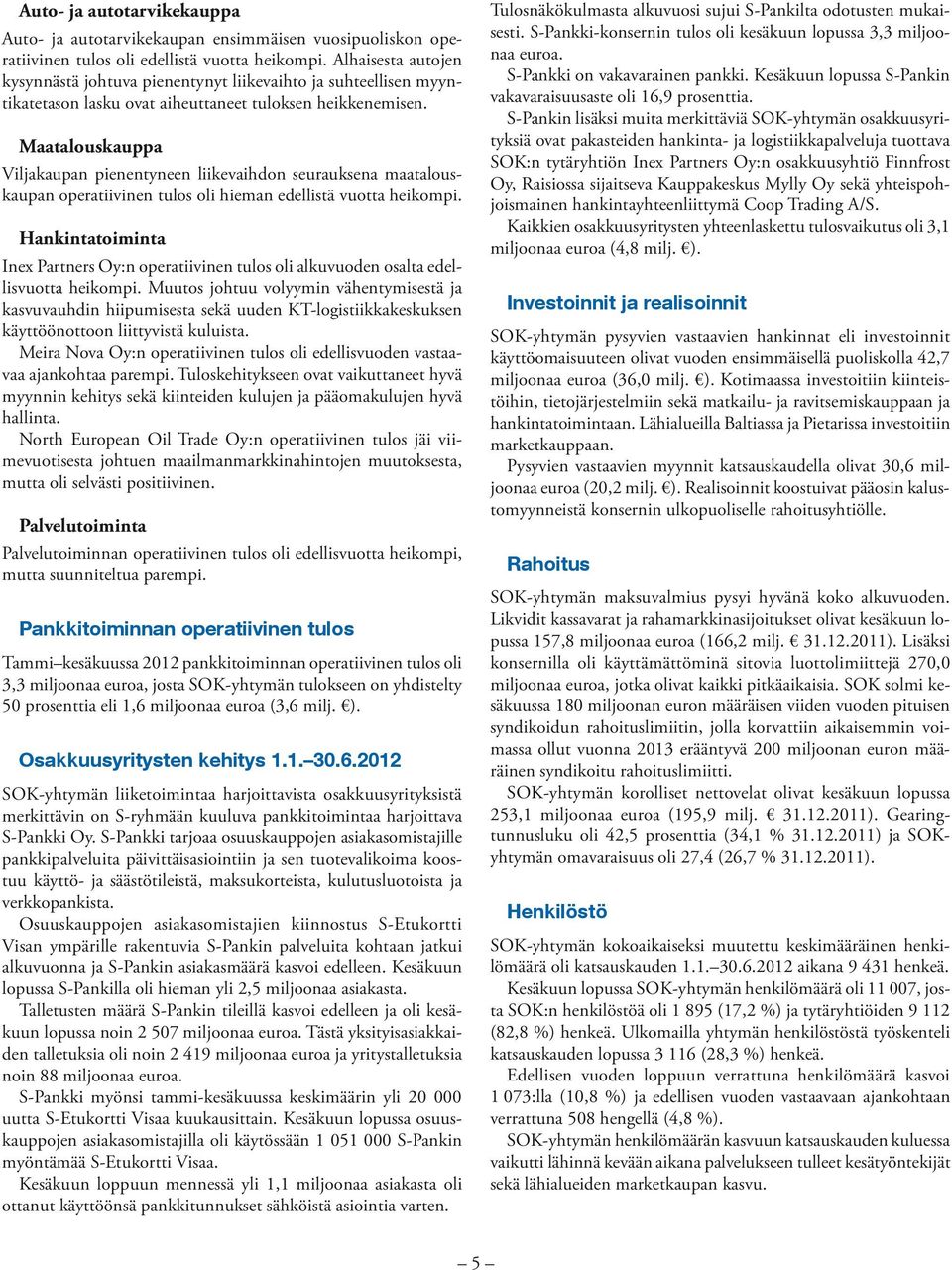 Maatalouskauppa Viljakaupan pienentyneen liikevaihdon seurauksena maatalouskaupan operatiivinen tulos oli hieman edellistä vuotta heikompi.