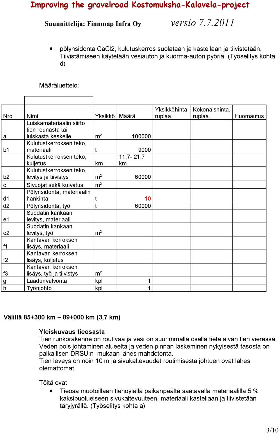 tiivistys m 2 60000 c Sivuojat sekä kuivatus m 2 Pölynsidonta, materiaalin d1 hankinta t 10 d2 Pölynsidonta, työ t 60000 Suodatin kankaan e1 levitys, materiaali Suodatin kankaan e2 levitys, työ m 2