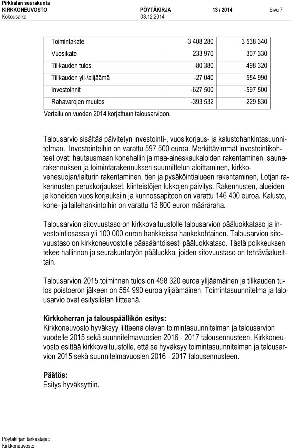 Investointeihin on varattu 597 500 euroa.