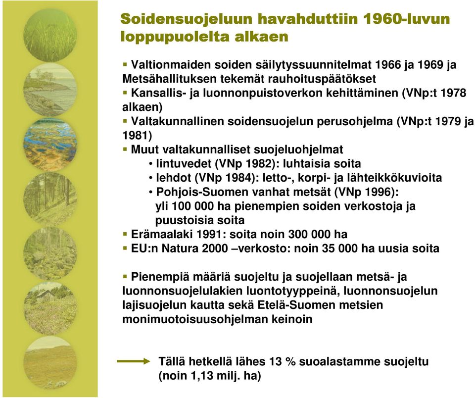 vanhat metsät (VNp 1996): yli 100 000 ha pienempien soiden verkostoja ja puustoisia soita Erämaalaki 1991: soita noin 300 000 ha EU:n Natura 2000 verkosto: noin 35 000 ha uusia soita Pienempiä määriä
