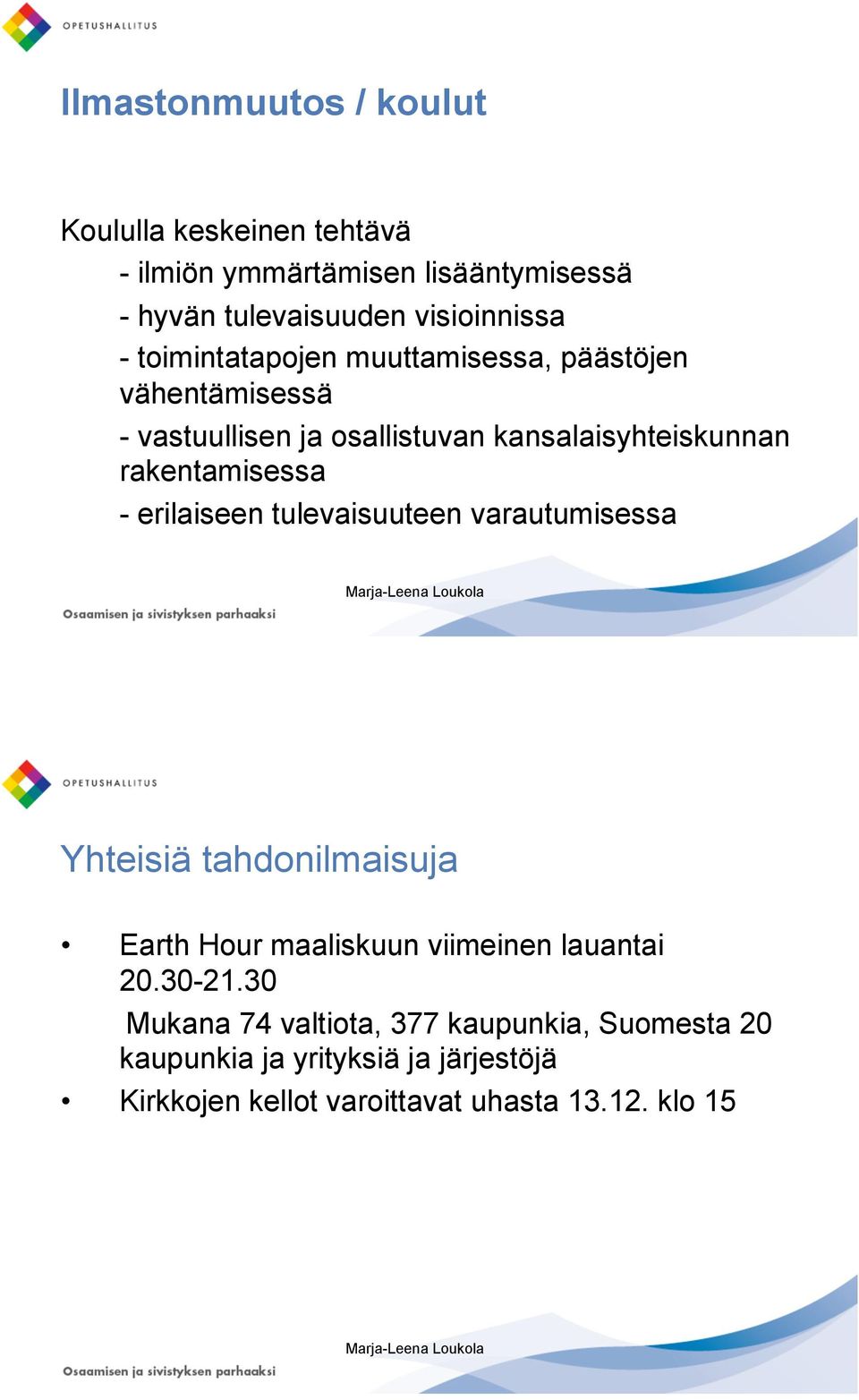 erilaiseen tulevaisuuteen varautumisessa Yhteisiä tahdonilmaisuja Earth Hour maaliskuun viimeinen lauantai 20.30-21.