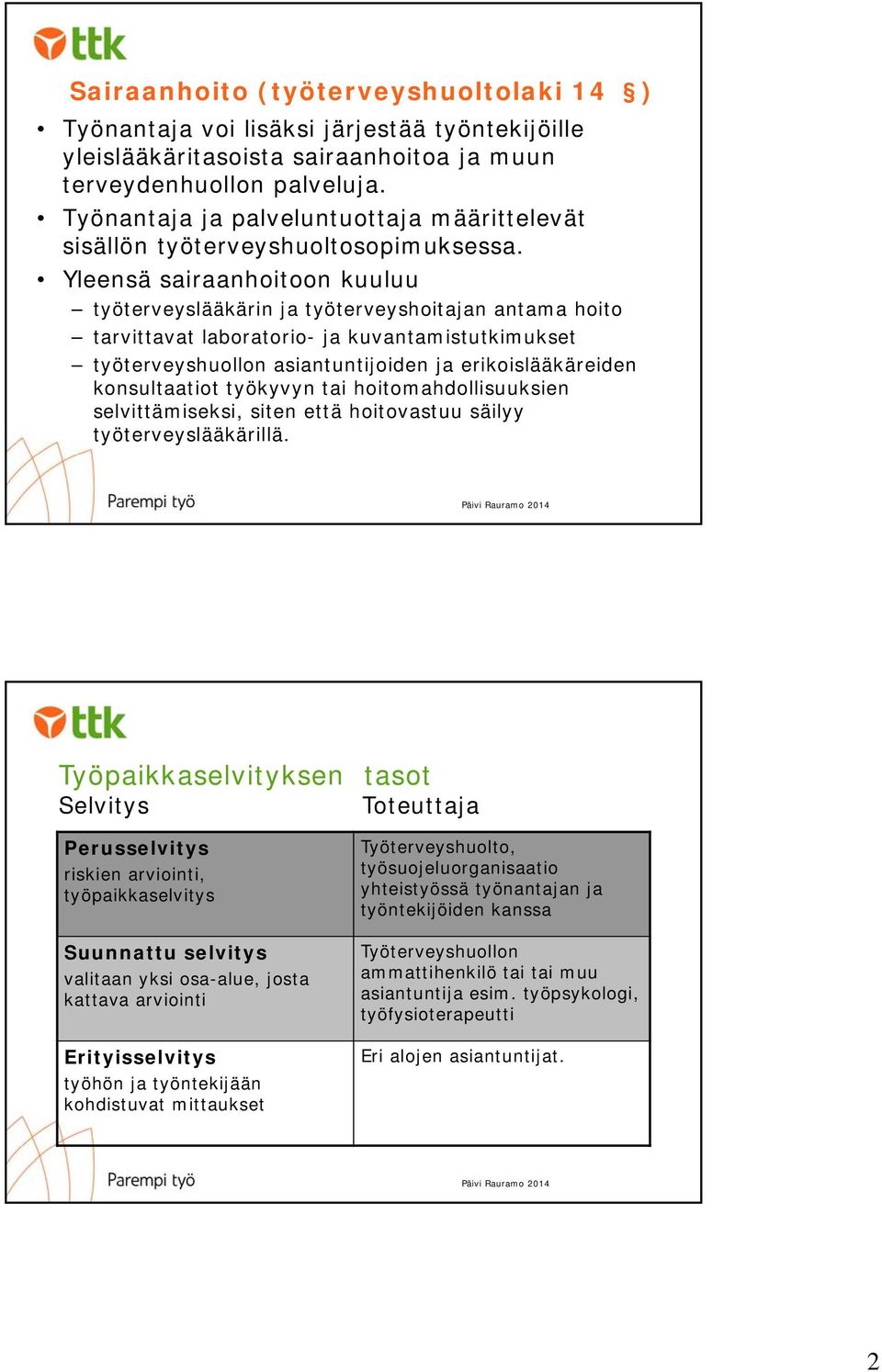 Yleensä sairaanhoitoon kuuluu työterveyslääkärin ja työterveyshoitajan antama hoito tarvittavat laboratorio- ja kuvantamistutkimukset työterveyshuollon asiantuntijoiden ja erikoislääkäreiden