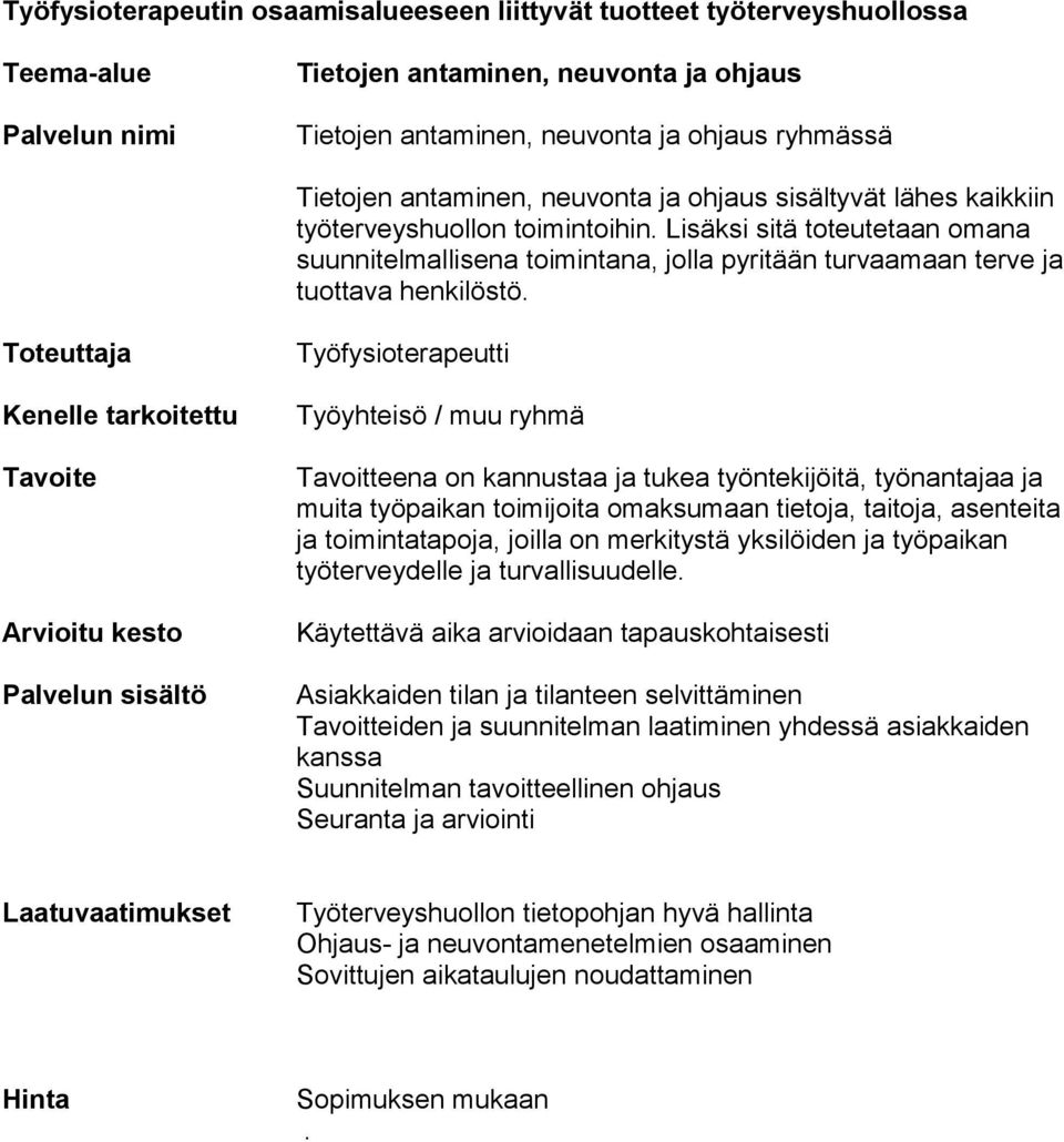 työpaikan toimijoita omaksumaan tietoja, taitoja, asenteita ja toimintatapoja, joilla on merkitystä yksilöiden ja työpaikan työterveydelle ja turvallisuudelle Asiakkaiden tilan ja tilanteen