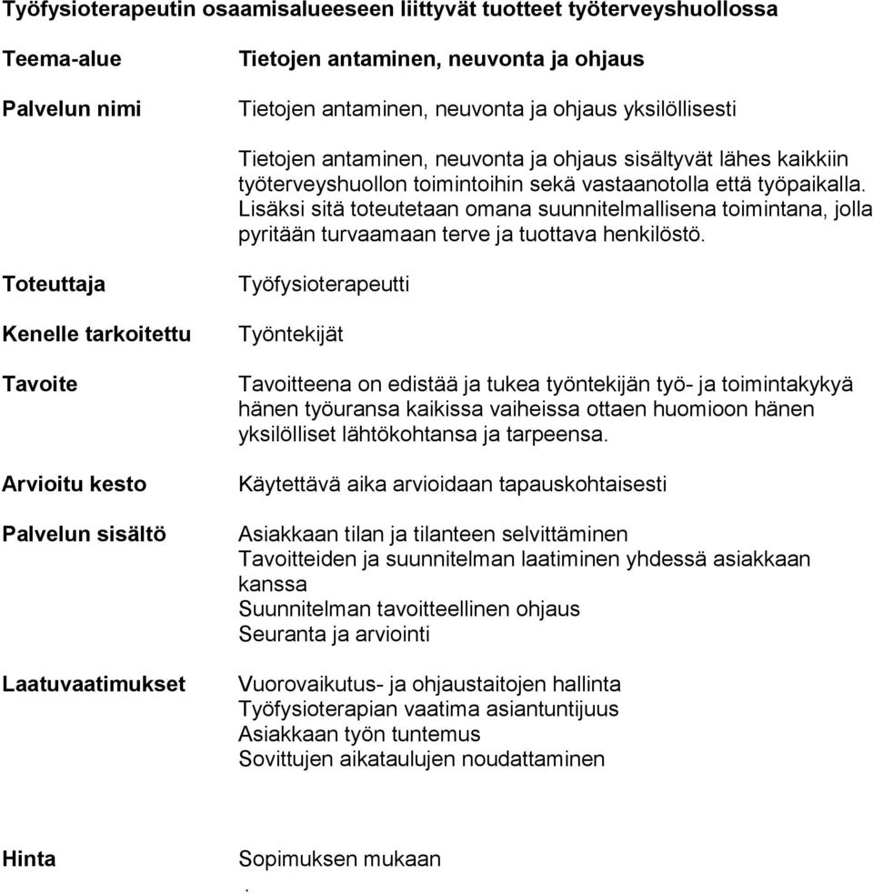 työntekijän työ- ja toimintakykyä hänen työuransa kaikissa vaiheissa ottaen huomioon hänen yksilölliset lähtökohtansa ja tarpeensa Asiakkaan tilan ja tilanteen selvittäminen Tavoitteiden ja