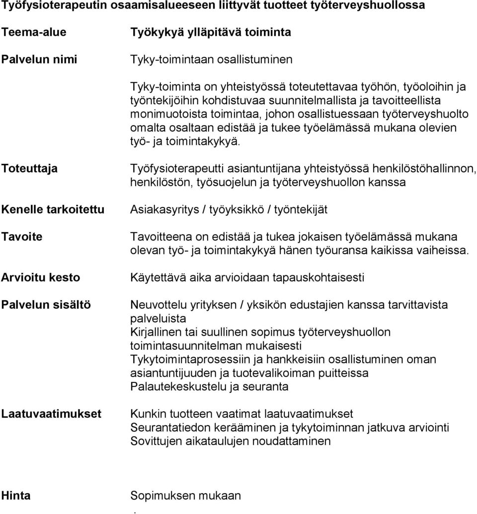 henkilöstön, työsuojelun ja työterveyshuollon kanssa Asiakasyritys / työyksikkö / työntekijät Tavoitteena on edistää ja tukea jokaisen työelämässä mukana olevan työ- ja toimintakykyä hänen työuransa