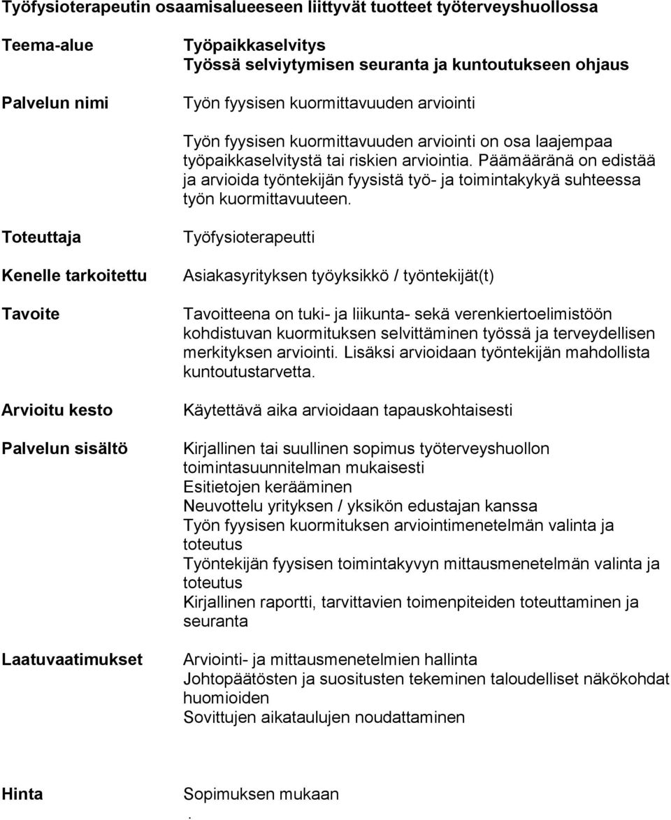 kuormituksen selvittäminen työssä ja terveydellisen merkityksen arviointi Lisäksi arvioidaan työntekijän mahdollista kuntoutustarvetta Kirjallinen tai suullinen sopimus työterveyshuollon