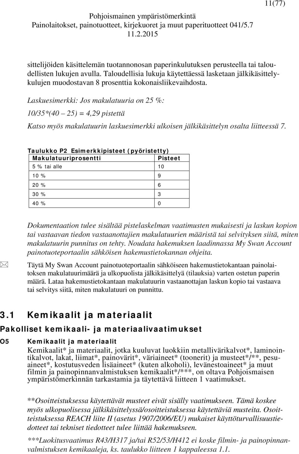 Laskuesimerkki: Jos makulatuuria on 25 %: 10/35*(40 25) = 4,29 pistettä Katso myös makulatuurin laskuesimerkki ulkoisen jälkikäsittelyn osalta liitteessä 7.