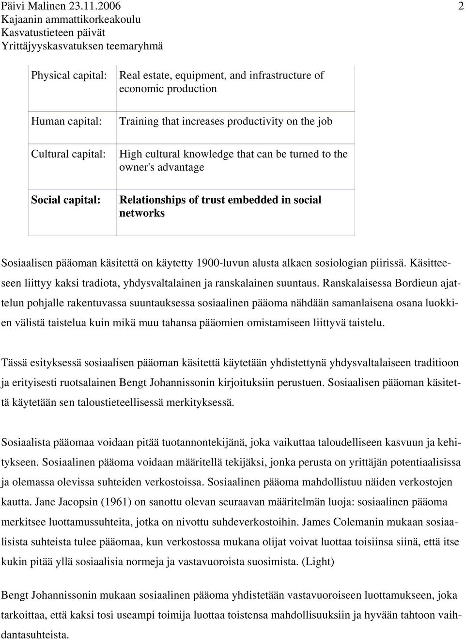 infrastructure of economic production Training that increases productivity on the job High cultural knowledge that can be turned to the owner's advantage Relationships of trust embedded in social
