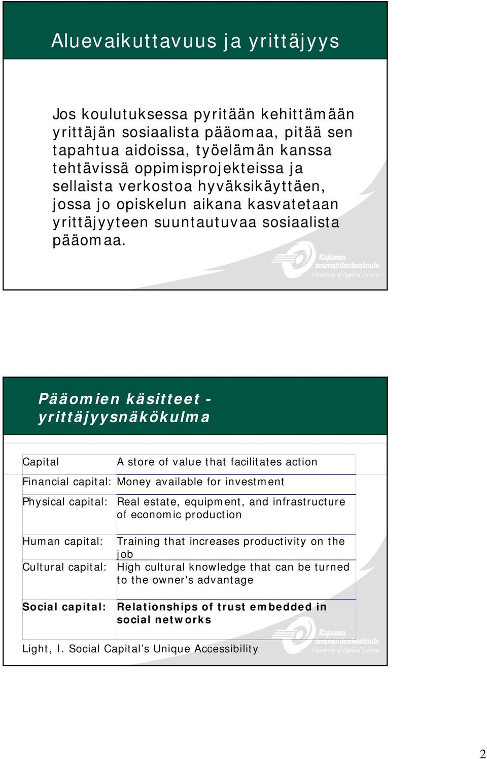 Pääomien käsitteet - yrittäjyysnäkökulma Capital Physical capital: A store of value that facilitates action Financial capital: Money available for investment Real estate, equipment, and