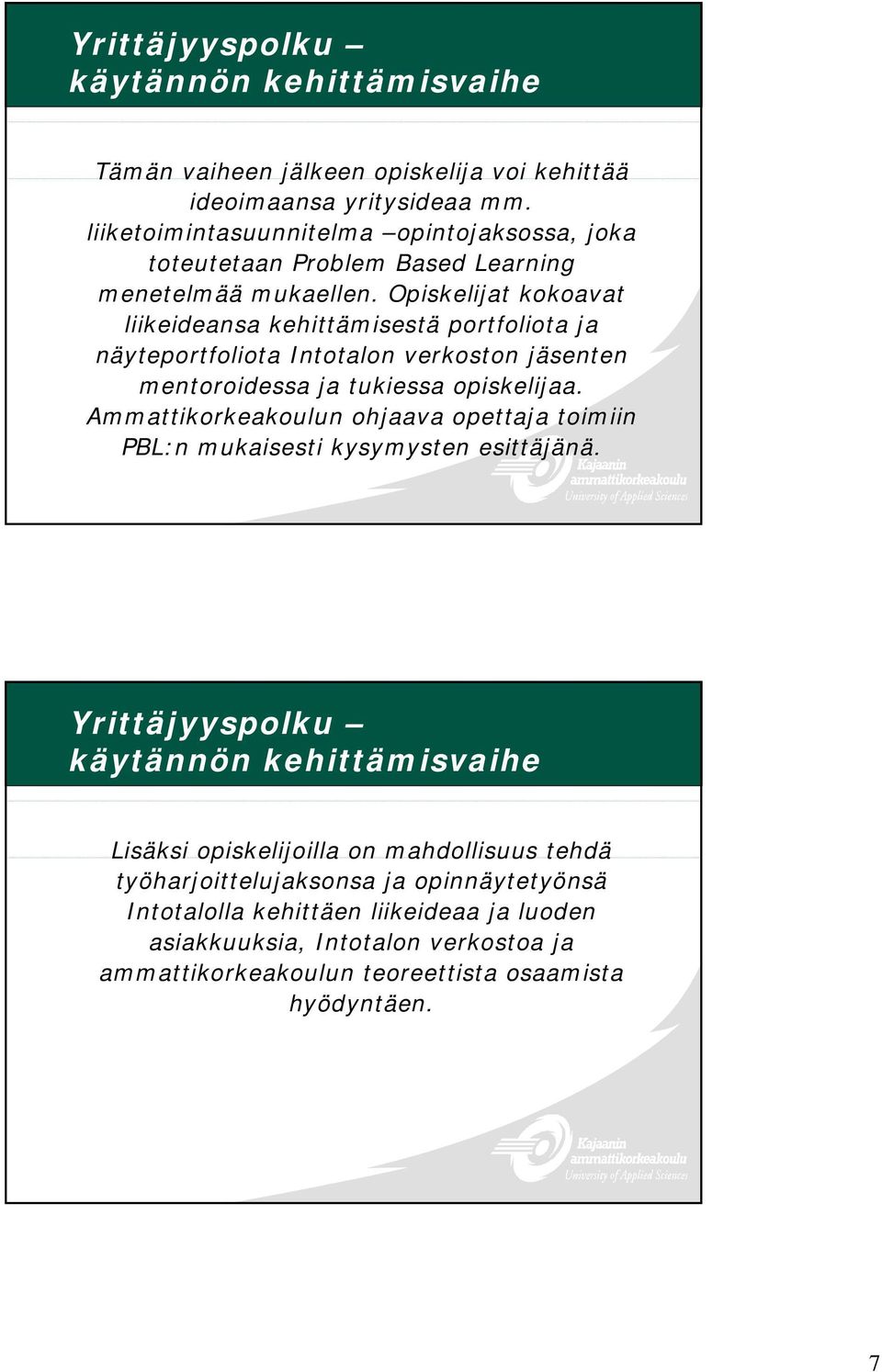Opiskelijat kokoavat liikeideansa kehittämisestä portfoliota ja näyteportfoliota Intotalon verkoston jäsenten mentoroidessa ja tukiessa opiskelijaa.