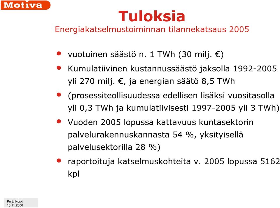 , ja energian säätö 8,5 TWh (prosessiteollisuudessa edellisen lisäksi vuositasolla yli 0,3 TWh ja kumulatiivisesti