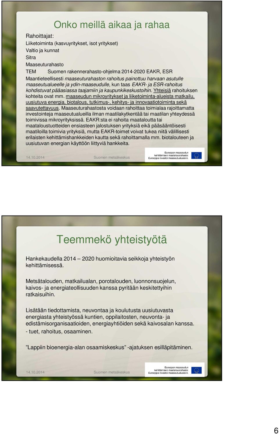 Yhteisiä rahoituksen kohteita ovat mm. maaseudun mikroyritykset ja liiketoiminta-alueista matkailu, uusiutuva energia, biotalous, tutkimus-, kehitys- ja innovaatiotoiminta sekä saavutettavuus.