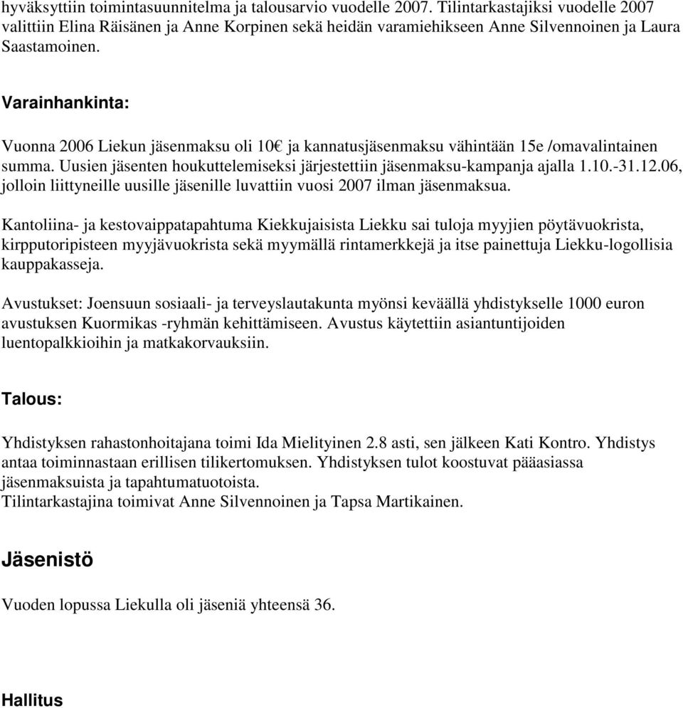 Varainhankinta: Vuonna 2006 Liekun jäsenmaksu oli 10 ja kannatusjäsenmaksu vähintään 15e /omavalintainen summa. Uusien jäsenten houkuttelemiseksi järjestettiin jäsenmaksu-kampanja ajalla 1.10.-31.12.