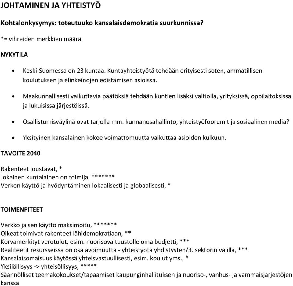 kunnanosahallinto, yhteistyöfoorumit ja sosiaalinen media? Yksityinen kansalainen kokee voimattomuutta vaikuttaa asioiden kulkuun.