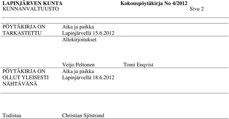2012 Allekirjoitukset PÖYTÄKIRJA ON OLLUT YLEISESTI NÄHTÄVÄNÄ