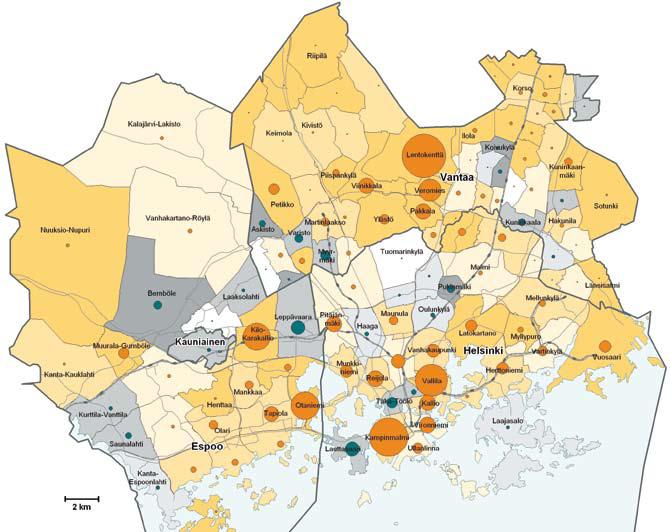 Henkilöstömäärän suhteellinen muutos Yritysten toimipaikkojen henkilöstömäärän muutos alueittain vuosina 2006-2008.