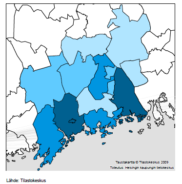 Valtionveronalaiset tulot tulonsaajaa kohti kunnittain Helsingin seudulla vuonna 2008 Keskitulot vaihtelevat 25 000 eurosta 53 600 euroon Kauniaisten tulonsaajat ovat seudun hyvätuloisimpia.