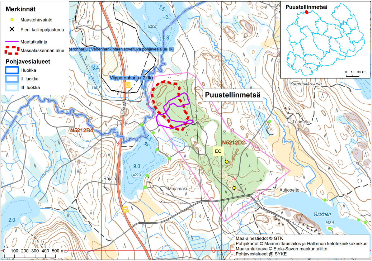 Etelä-Savon kiviaineshuollon turvaaminen 171 2.3.19 Puustellinmetsä, 135, M Kohdenumero: 135 Kunta: Pieksämäki Sijainti: Puustellinmetsä sijaitsee Pieksämäeltä noin 22 kilometriä pohjoiskoilliseen.