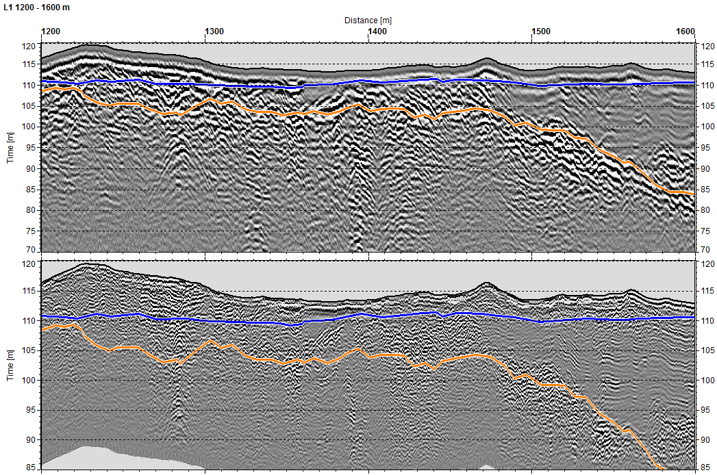 Etelä-Savon kiviaineshuollon turvaaminen 174 Kuva 5. Puustellinmetsän luotauslinjan L1maatutkaprofiilit linjaväliltä 460m 850 m.