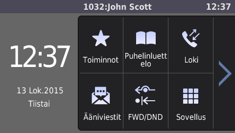 Ennen puhelimien käyttöä Näyttö ja kuvakkeet Näyttö [Esimerkki] Tilarivi Näyttää puhelinlinjan numeron ja nimen, tilakuvakkeet, viestintätavan kuvakkeet, mykistyskuvakkeen ja ajan.