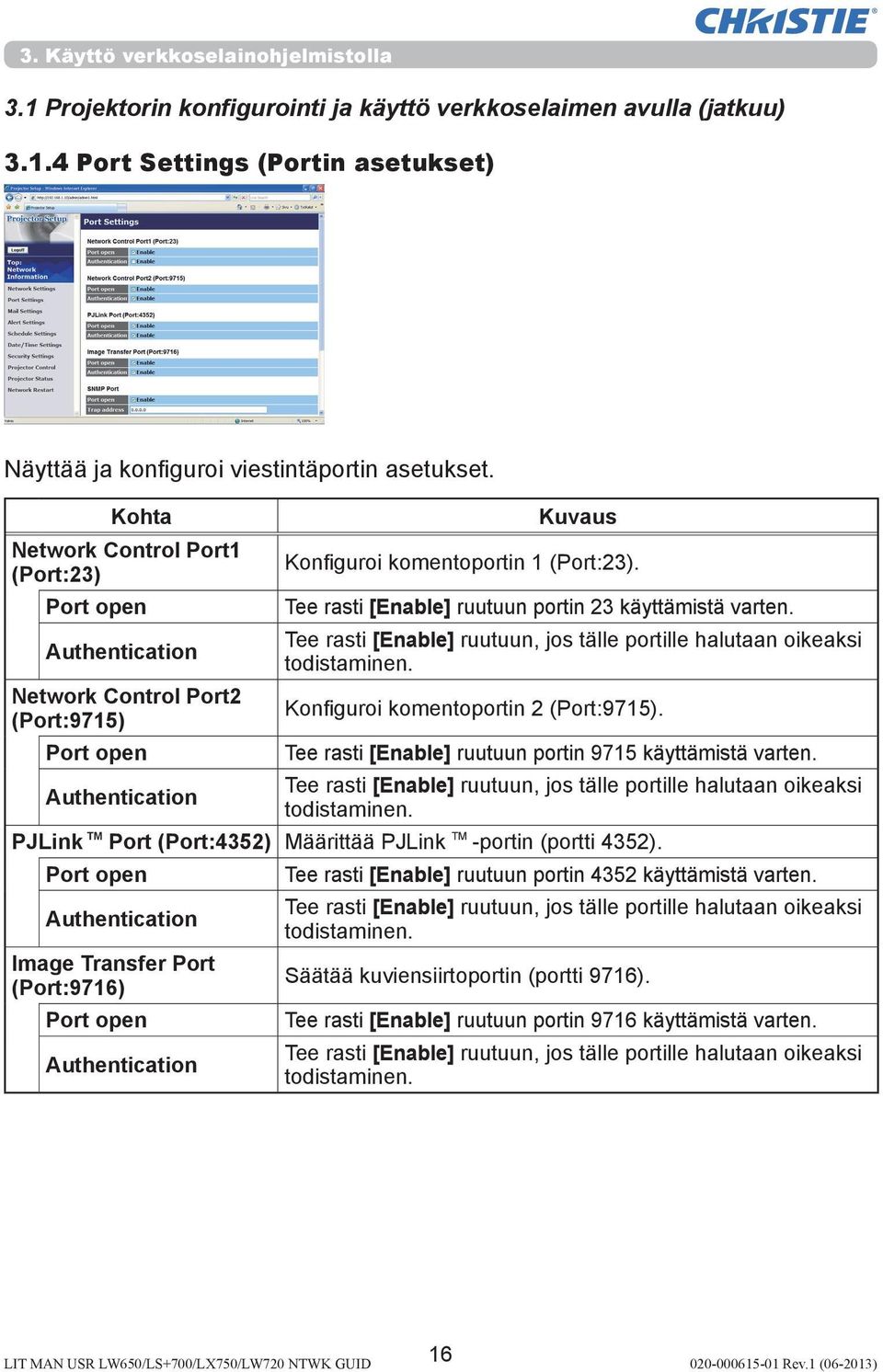 Authentication Tee rasti [Enable] ruutuun, jos tälle portille halutaan oikeaksi todistaminen. Network Control Port2 (Port:9715) Konfiguroi komentoportin 2 (Port:9715).