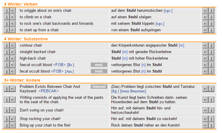 41 Dieses Resultat erzählt in Klammern, dass dieses Wort dem bundesdeutschen Wort Stuhl in Österreich entspricht.