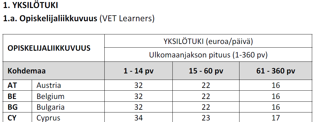 J. Budget (1) Hakemuslomake laskee toimintojen budjetin kohdassa H.1. (Activities Details) annettujen tietojen perusteella: Matkatuki (J.1.), Yksilötuki (J.2.), Organisointituki (J.3.