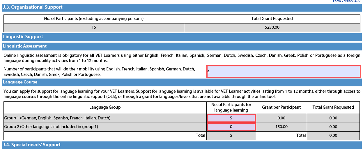 J. Budget (2) Kielivalmennustuki-taulukko (J.3.