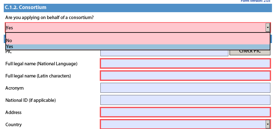 Haetteko kansallisen verkoston puolesta? -> Kohdassa C.1.2. Are you applying on behalf of a consortium?