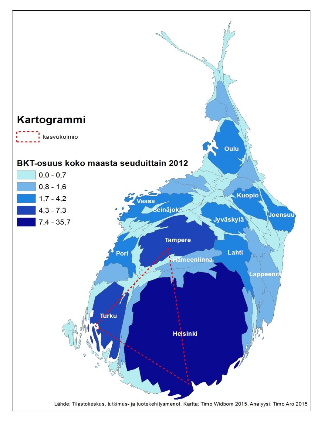 BKT-osuus (%) seuduittain koko maan BKT:sta vuonna 2012