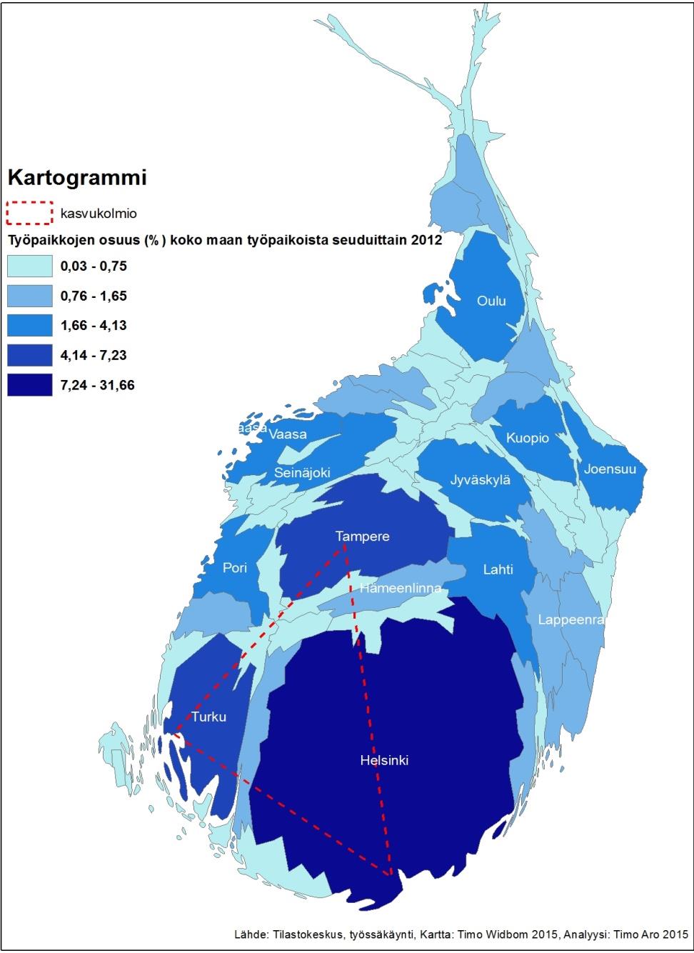 Työpaikkojen osuus (%) seuduittain koko maan työpaikoista