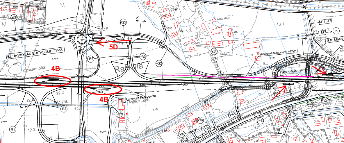Läheiset linja-autopysäkit merkitty nuolilla kuvan oikeassa reunassa Linja-autopysäkkiohjeen mukaisesti perusverkon eritasoliittymässä pysäkki voidaan sijoittaa kiihdytys- /erkanemiskaistalle.