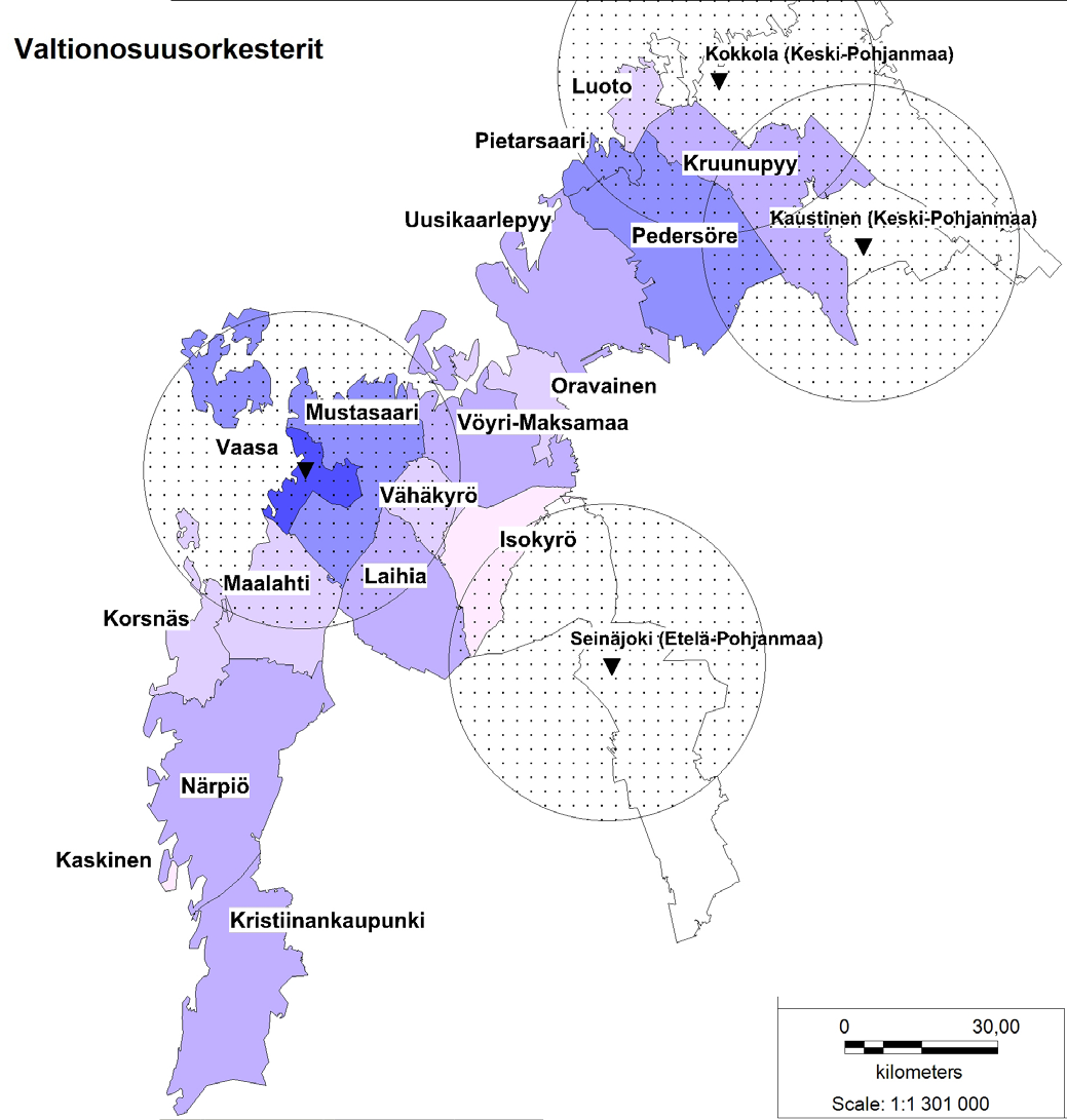 Kartat 13.3 13.6. Asukkaat sekä valtionosuuslaitokset Pohjanmaalla ja lähikunnissa: 13.3) kaikki valtionosuuslaitokset, 13.