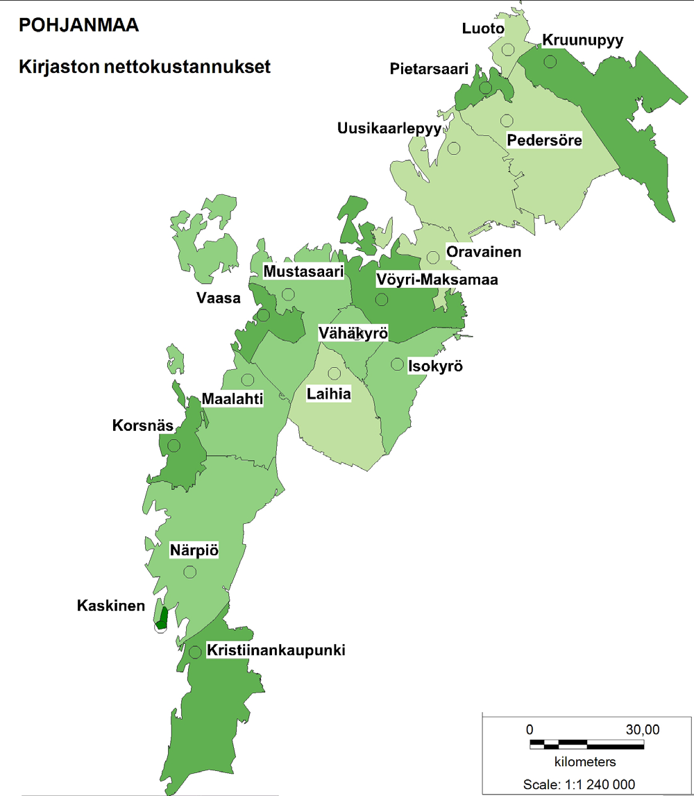 Kartat 13.14 13.17. Asukaskohtaiset nettokustannukset Pohjanmaalla: 13.14) yleinen kulttuuritoimi, 13.