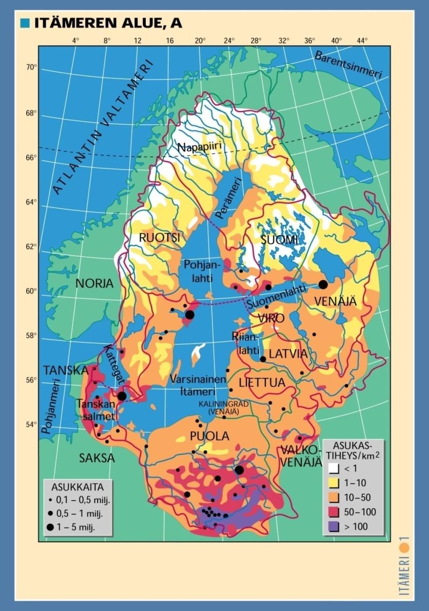 Itämeren valuma-alue Valuma-alue on noin neljä kertaa laajempi kuin itse vesiallas Itämeren valuma-alueella on 12 maata ja siellä asuu noin 90 miljoonaa ihmistä Itämereen laskee satoja jokia