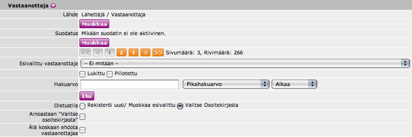 5 Oletustila voidaan valita silloin, kun halutaan että uuden vastaanottajan rekisteröiminen, Rekisteröi uusi/muokkaa esivalittua tai vastaanottajan valitseminen osoitekirjasta, Valitse osoitekirjasta