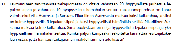 Ratkaisu: Merkitään Ascenuksen määrää = x ja Sursumin määrää = y. Muodostetaan lepakon siipeä ja hämähäkin seittiä vastaavat määrät eri sekoituksissa ja piirretään ehtoja vastaavat suorat laskimella.