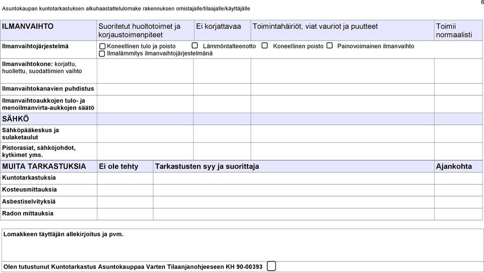 Ilmanvaihtoaukkojen tulo- ja menoilmanvirta-aukkojen säätö SÄHKÖ Sähköpääkeskus ja sulaketaulut Pistorasiat, sähköjohdot, kytkimet yms.