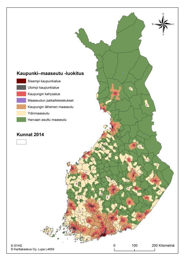 Kaupunki- ja maaseutualueiden väestömäärän muutos ilman kuntarajoja vuosina 1990-2013 Kaupunki-maaseutuluokituksen tyyppi