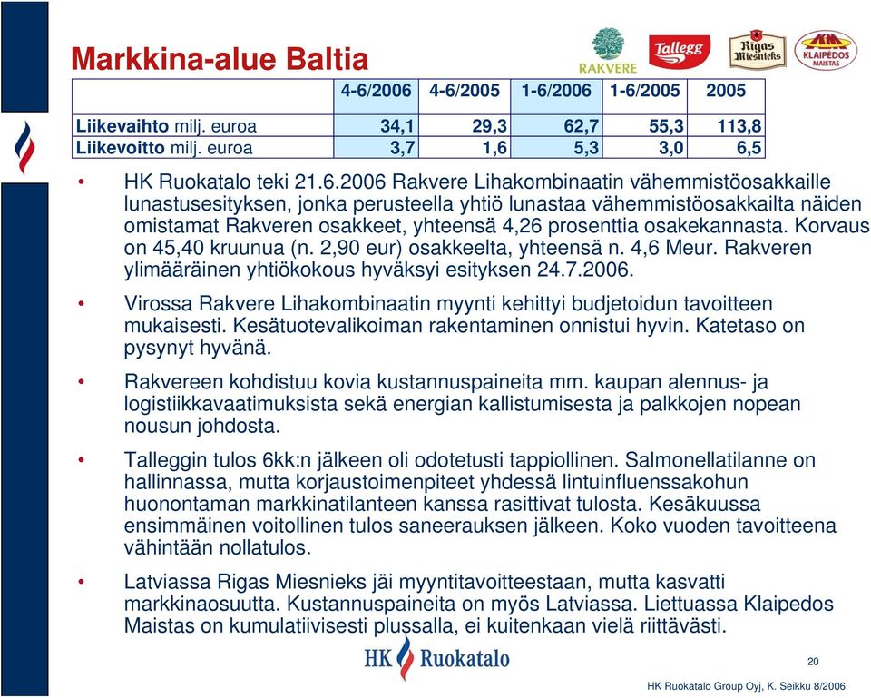 vähemmistöosakkaille lunastusesityksen, jonka perusteella yhtiö lunastaa vähemmistöosakkailta näiden omistamat Rakveren osakkeet, yhteensä 4,26 prosenttia osakekannasta. Korvaus on 45,40 kruunua (n.