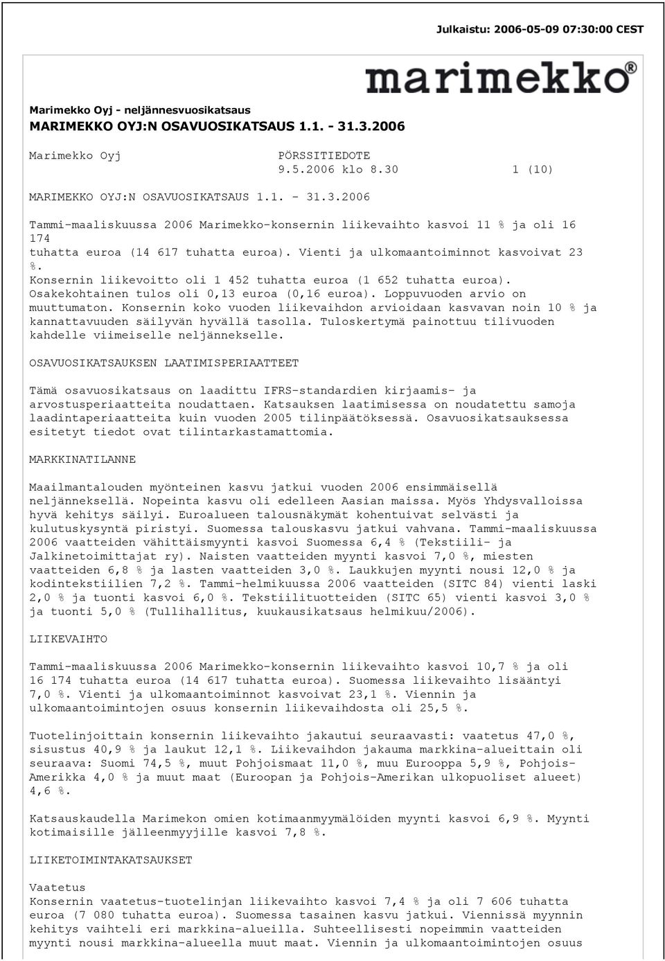 Vienti ja ulkomaantoiminnot kasvoivat 23 %. Konsernin liikevoitto oli 1 452 tuhatta euroa (1 652 tuhatta euroa). Osakekohtainen tulos oli 0,13 euroa (0,16 euroa). Loppuvuoden arvio on muuttumaton.