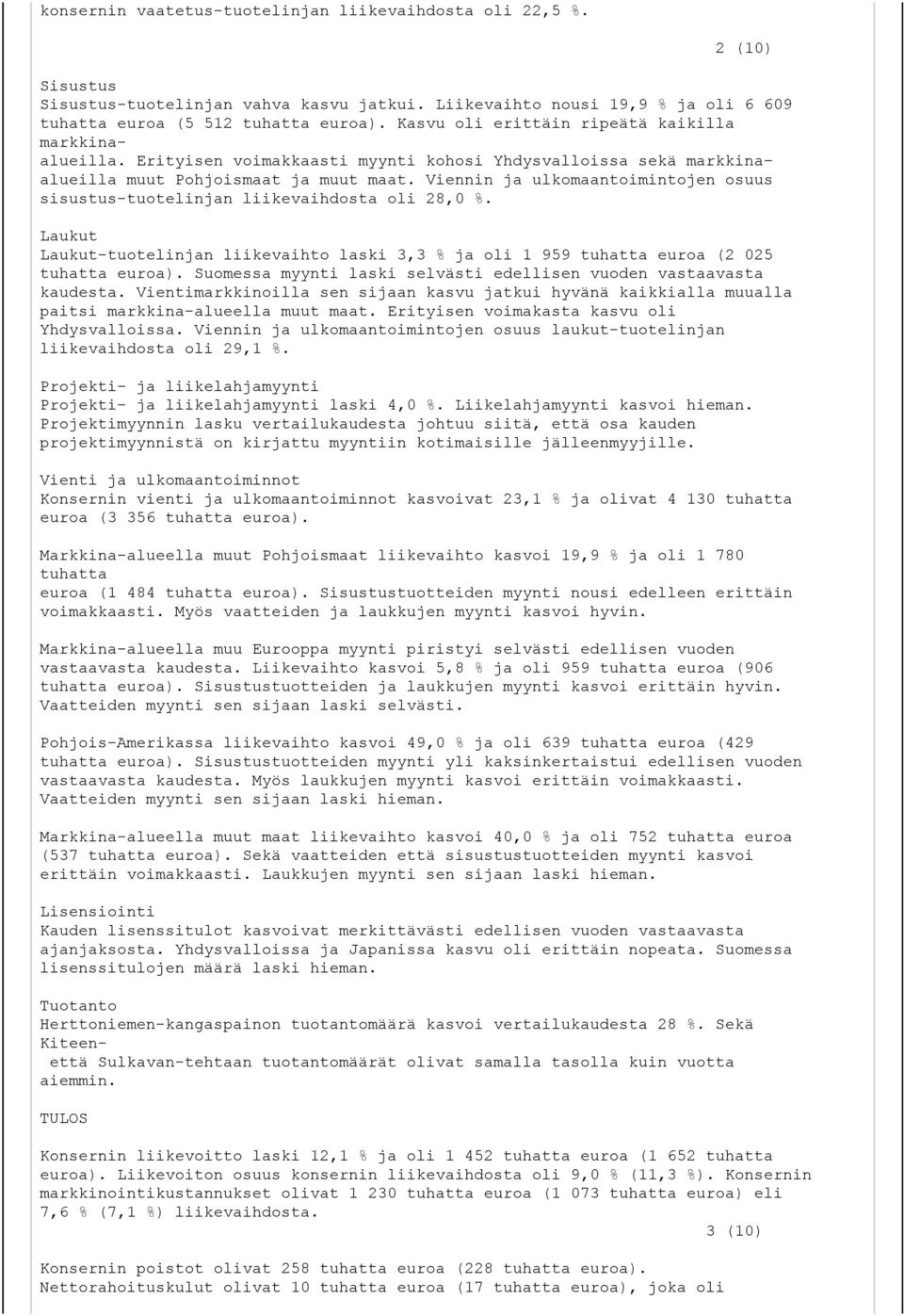 Viennin ja ulkomaantoimintojen osuus sisustus-tuotelinjan liikevaihdosta oli 28,0 %. Laukut Laukut-tuotelinjan liikevaihto laski 3,3 % ja oli 1 959 tuhatta euroa (2 025 tuhatta euroa).