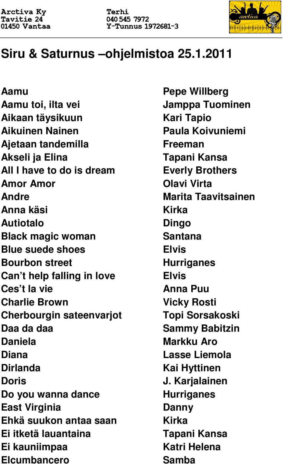 Blue suede shoes Bourbon street Can t help falling in love Ces t la vie Charlie Brown Cherbourgin sateenvarjot Daa da daa Daniela Diana Dirlanda Doris Do you wanna dance East