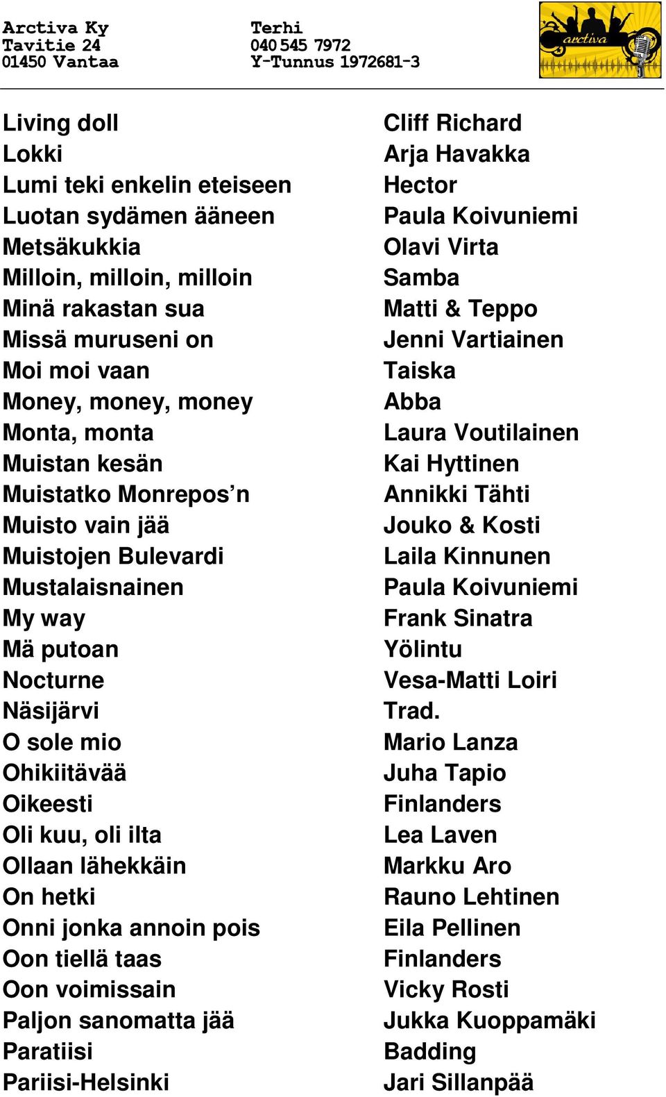 jonka annoin pois Oon tiellä taas Oon voimissain Paljon sanomatta jää Paratiisi Pariisi-Helsinki Cliff Richard Arja Havakka Hector Samba Matti & Teppo Jenni Vartiainen Taiska Abba Kai Hyttinen