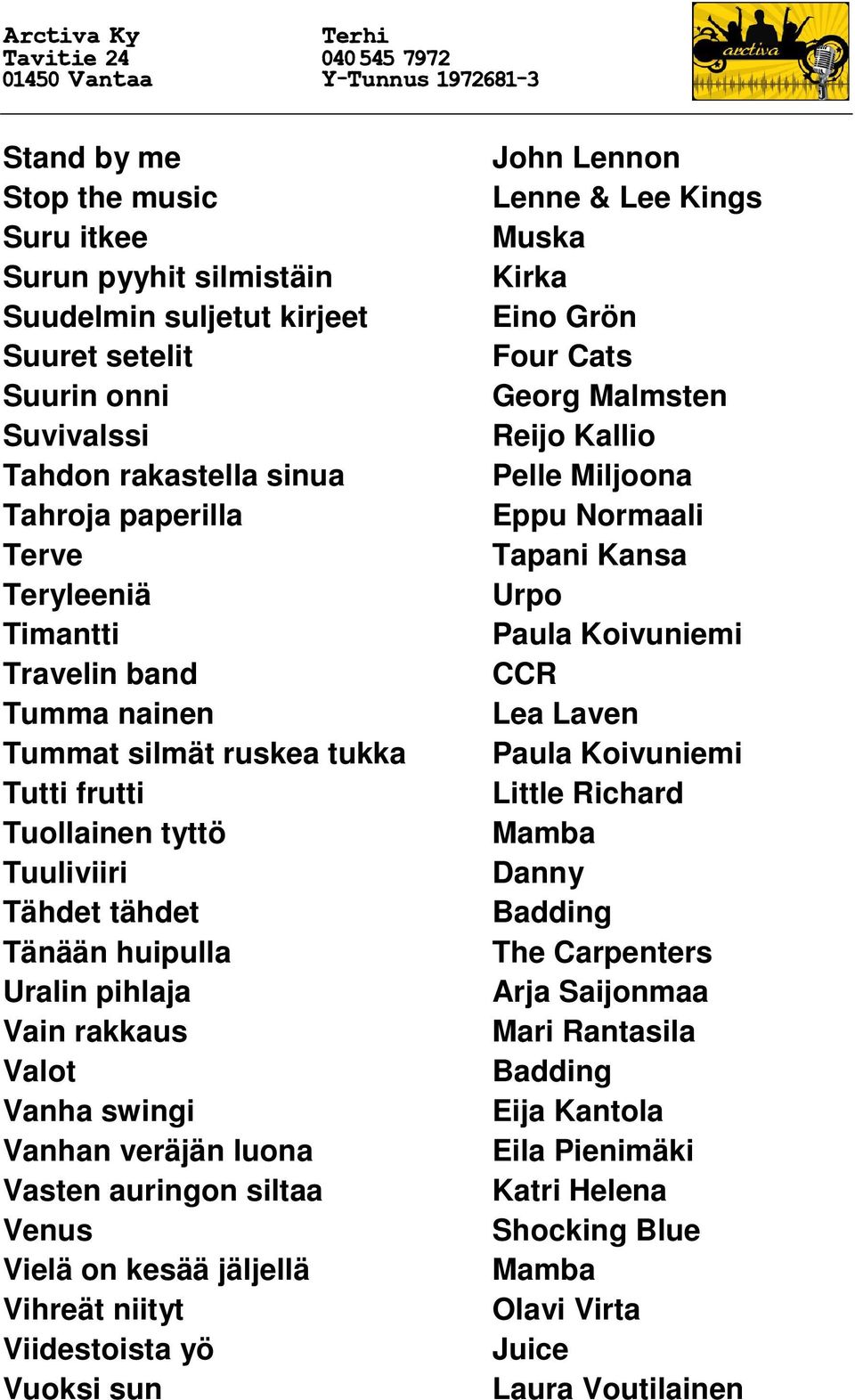 Vanha swingi Vanhan veräjän luona Vasten auringon siltaa Venus Vielä on kesää jäljellä Vihreät niityt Viidestoista yö Vuoksi sun John Lennon Lenne & Lee Kings Muska Eino Grön Four