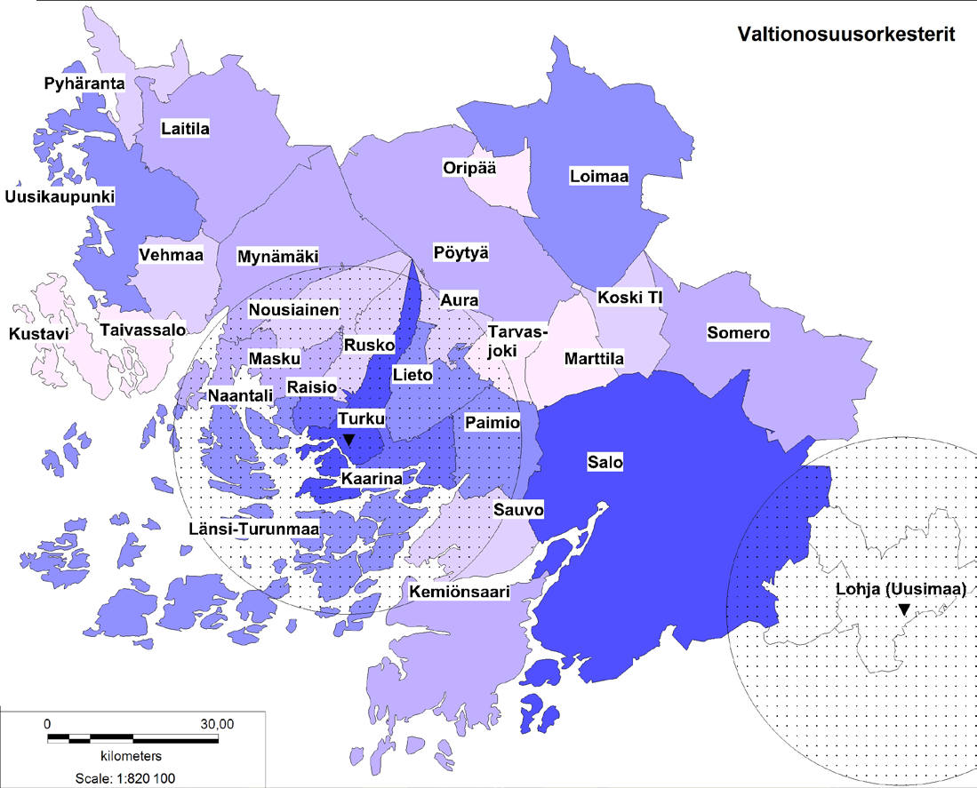 Kartat 20.3 20.6. Asukkaat sekä valtionosuuslaitokset Varsinais-Suomessa ja lähikunnissa: 20.3) kaikki valtionosuuslaitokset, 20.