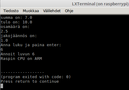 Raspin LXTerminal Tulostamista varten käynnistyy LXTerminal-ohjelma ja sen käyttöliitäntä tulee esiin Linux Mintkoneen ruudulla.