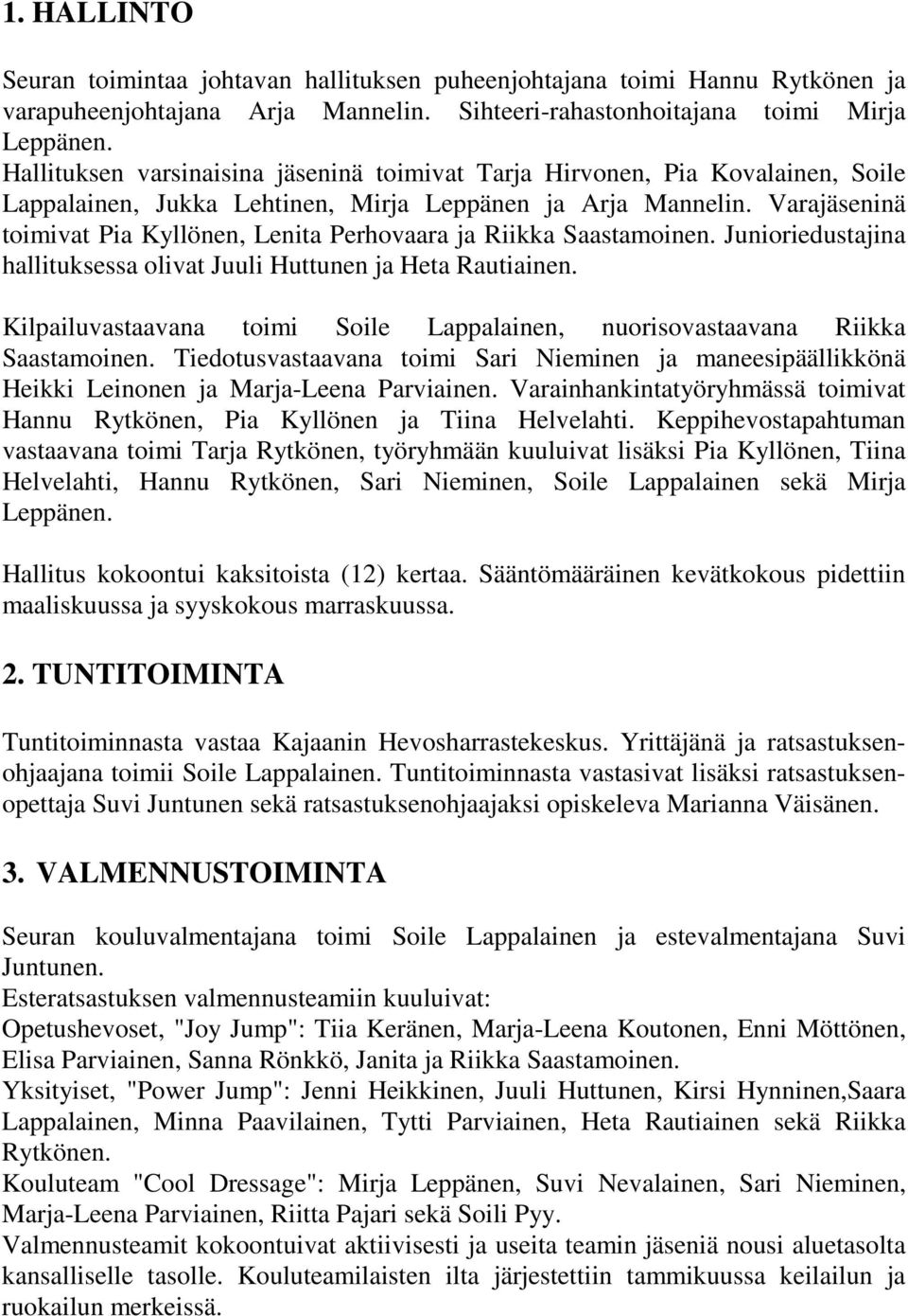 Varajäseninä toimivat Pia Kyllönen, Lenita Perhovaara ja Riikka Saastamoinen. Junioriedustajina hallituksessa olivat Juuli Huttunen ja Heta Rautiainen.
